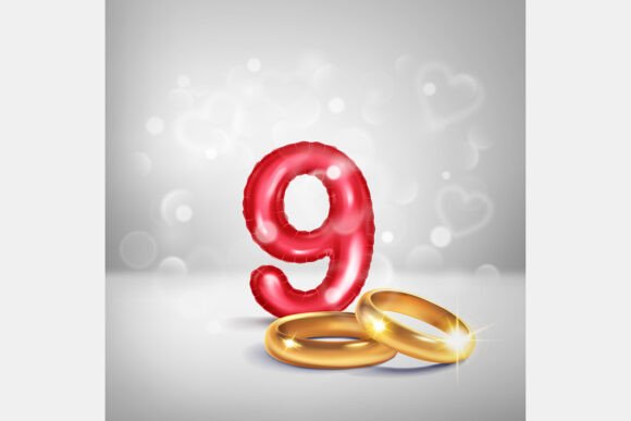 Celebrate Milestones: Red Number 9 and Gold Wedding Rings