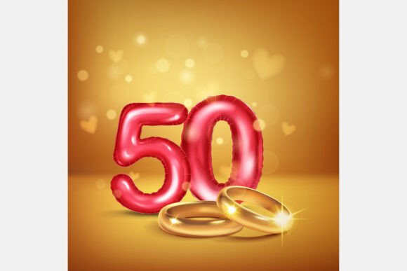 Red Number 50 and Gold Wedding Rings: A Golden Anniversary Visual