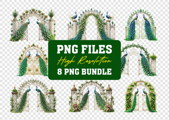 Watercolor Peacock Wedding Gate PNG File: High-Quality Transparent Backgrounds for Your Designs
