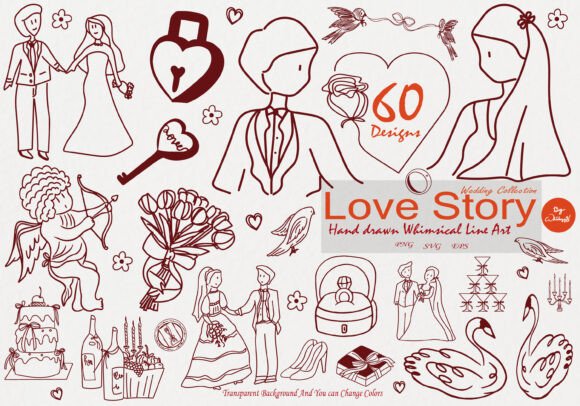 Whimsical Hand Drawn Wedding Icons: 60 Designs for Your Love Story